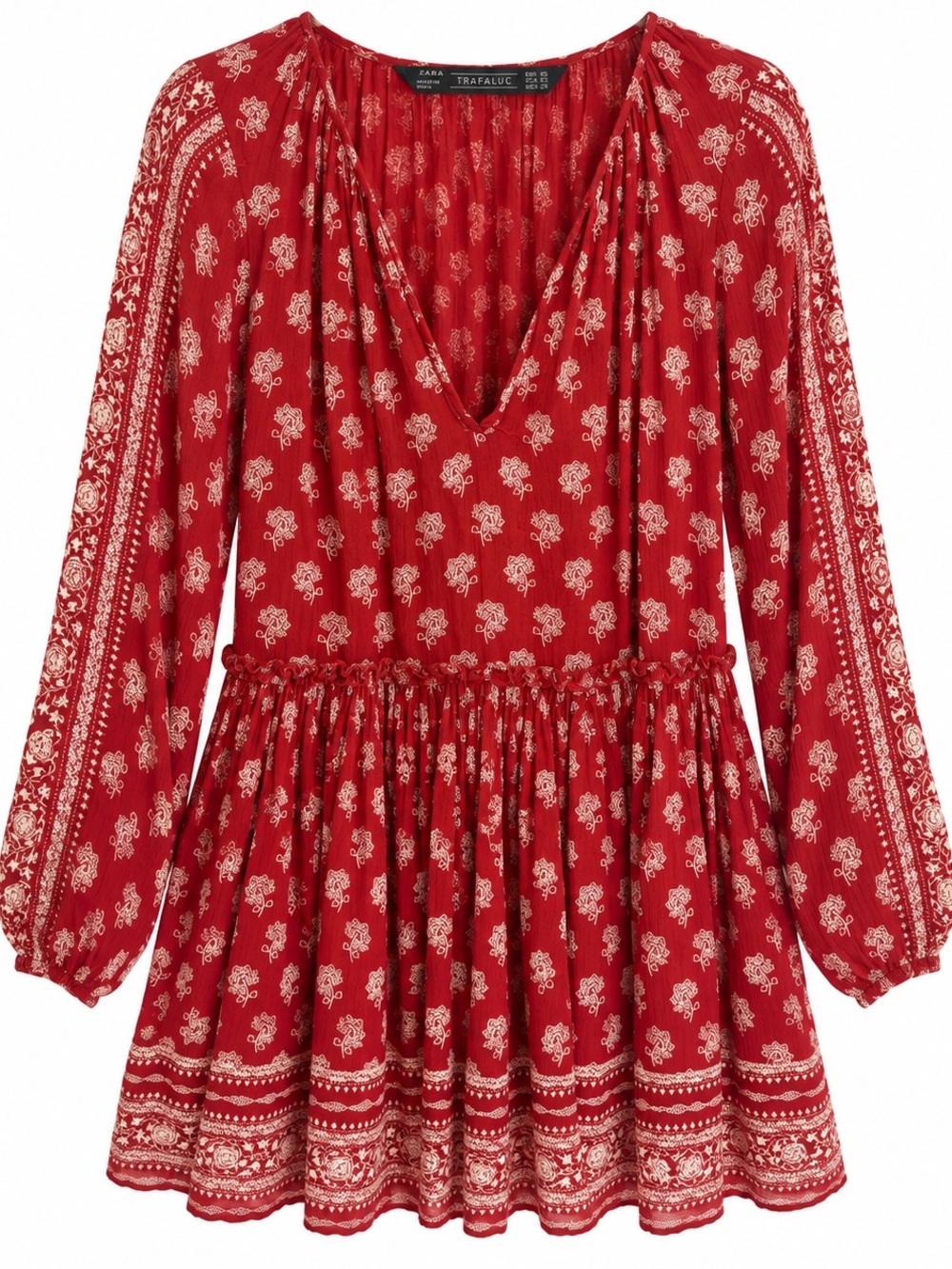 Zara Trafaluc Red Boho Print Long Sleeve Mini Dress XS